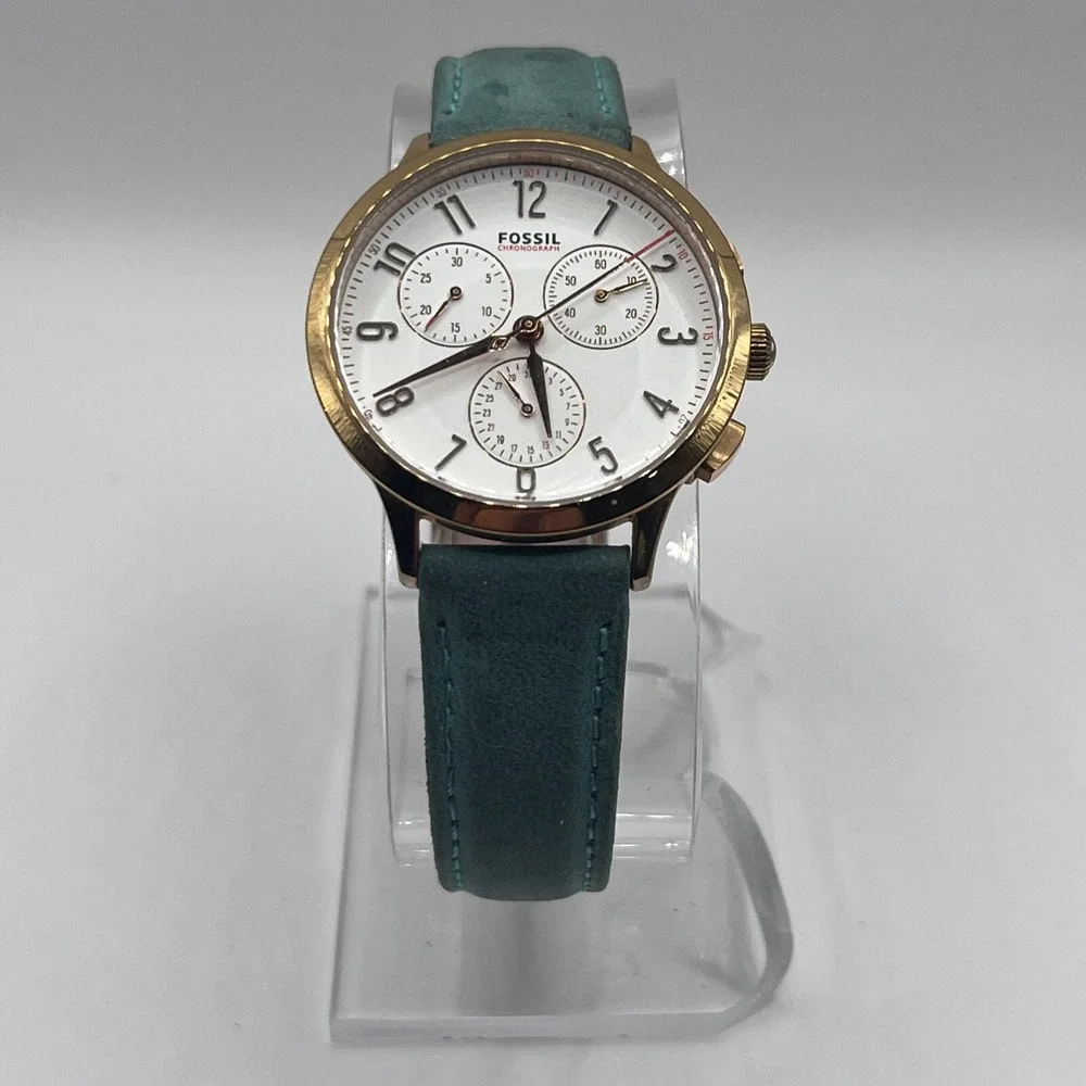 Fossil Abilene Chronograph Teal Leather‎ Strap Watch CH3089- New Battery!